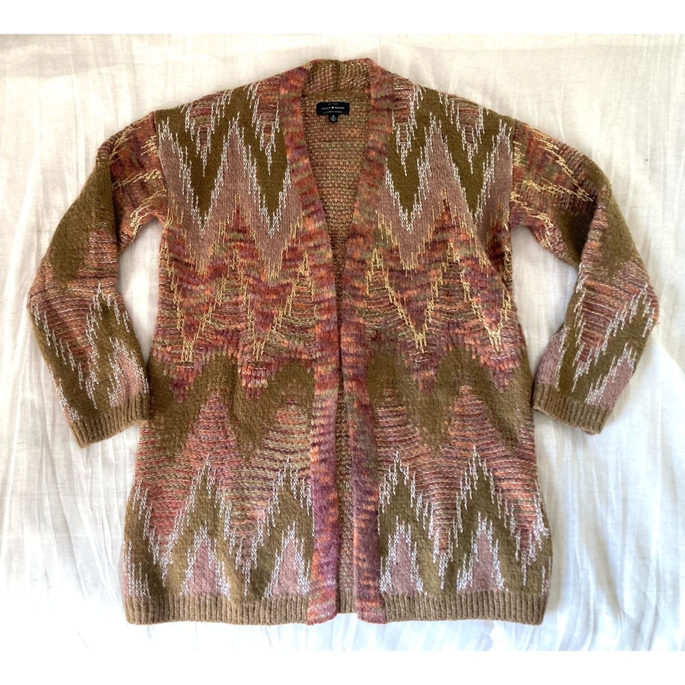 Lucky Brand Wool Blend Metallic Stitch Long Cardigan Chevron Stripes Open Front
